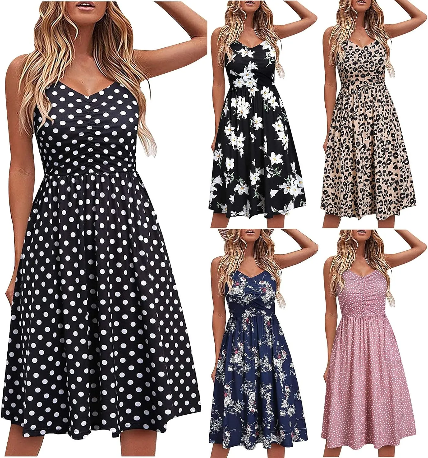 Casual Dresses for Women Spaghetti Strap Dress Sleeveless Dresses with Pockets Flowy Swing Shift Dresses Print Dress