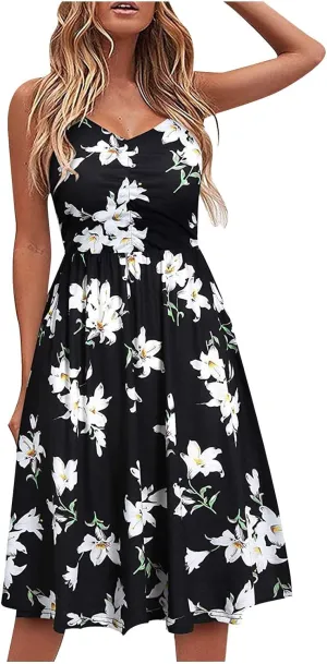 Casual Dresses for Women Spaghetti Strap Dress Sleeveless Dresses with Pockets Flowy Swing Shift Dresses Print Dress