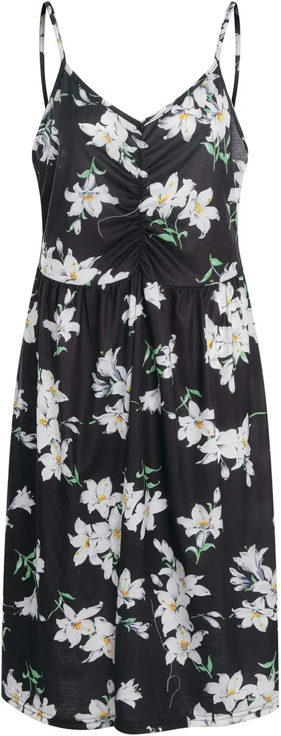 Casual Dresses for Women Spaghetti Strap Dress Sleeveless Dresses with Pockets Flowy Swing Shift Dresses Print Dress