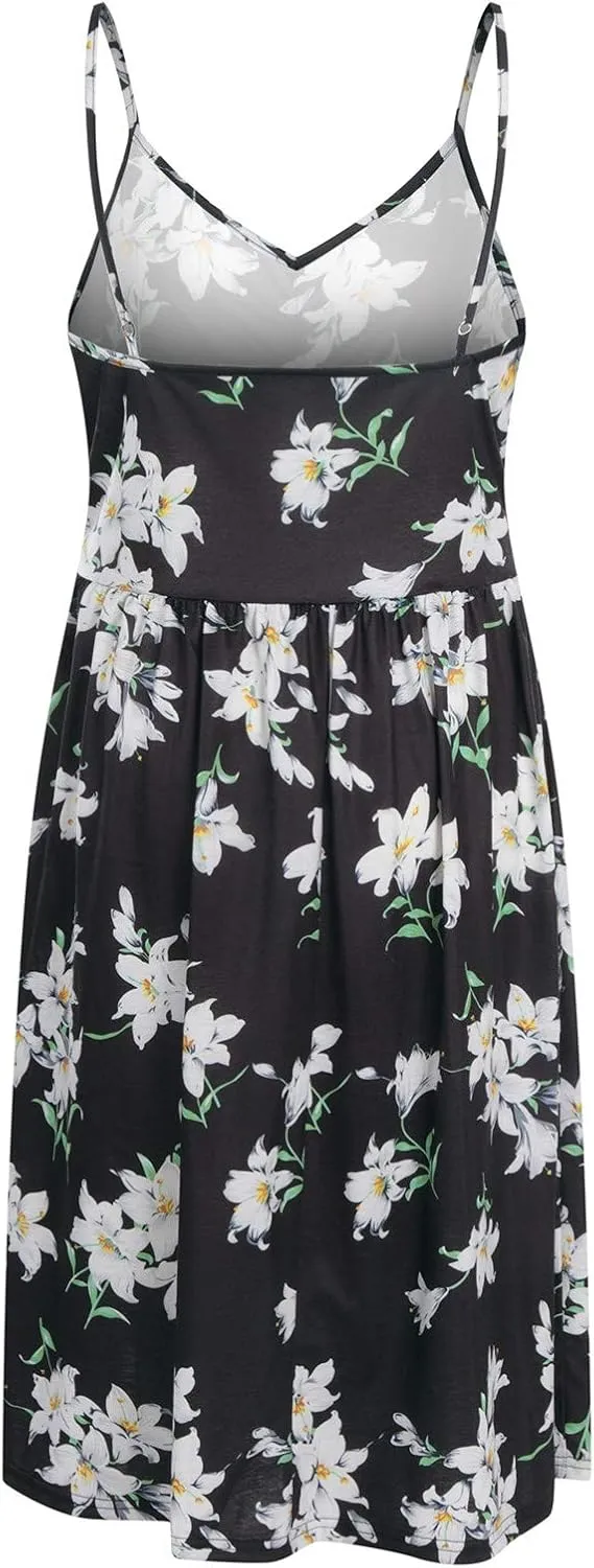Casual Dresses for Women Spaghetti Strap Dress Sleeveless Dresses with Pockets Flowy Swing Shift Dresses Print Dress