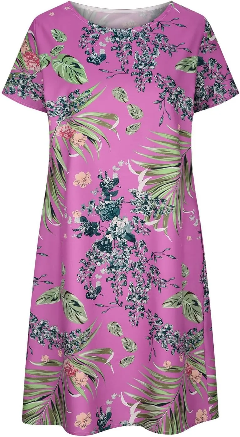Ceboyel Women's 2024 Casual Summer Dresses Floral Print Short Sleeve Dress Beach Vacation Boho Dress Hawaiian Ladies Outfits