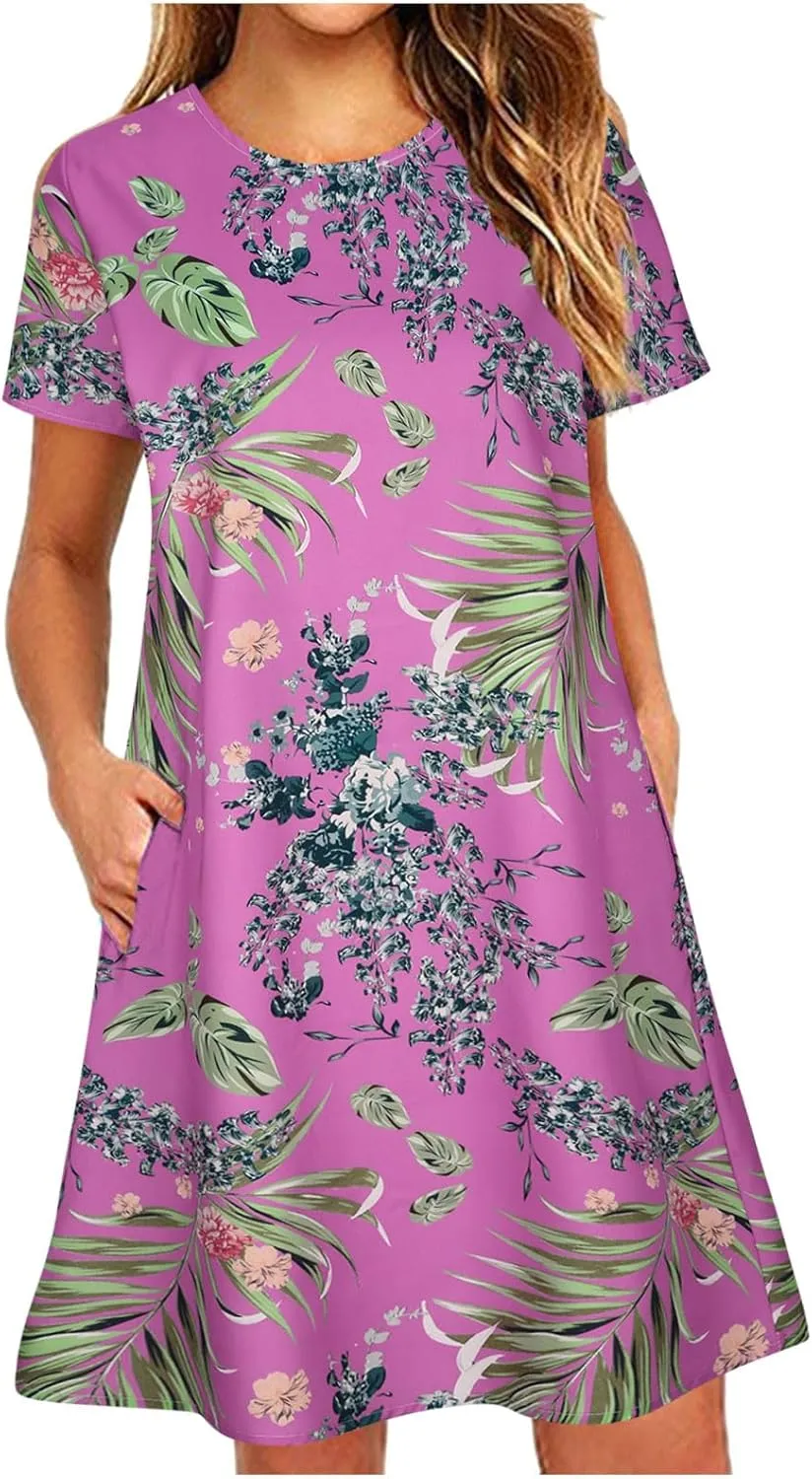 Ceboyel Women's 2024 Casual Summer Dresses Floral Print Short Sleeve Dress Beach Vacation Boho Dress Hawaiian Ladies Outfits