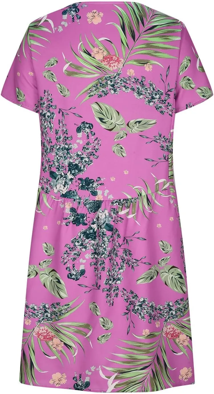 Ceboyel Women's 2024 Casual Summer Dresses Floral Print Short Sleeve Dress Beach Vacation Boho Dress Hawaiian Ladies Outfits