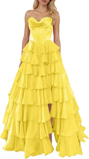 Chiffon Corset Prom Dresses for Women Floor Length Satin Tiered Ruffle Strapless Formal Dress Evening Gowns with Slit