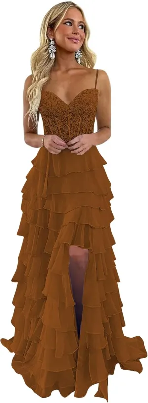 Chiffon Tiered Prom Dresses Ruffle Long Spaghetti Strap Lace Applique Formal Party Ball Gown with Slit