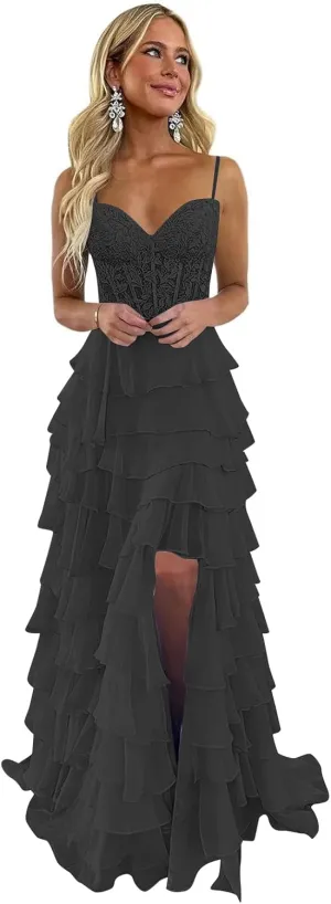 Chiffon Tiered Prom Dresses Ruffle Long Spaghetti Strap Lace Applique Formal Party Ball Gown with Slit