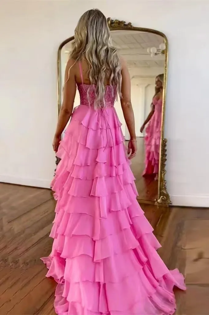 Chiffon Tiered Prom Dresses Ruffle Long Spaghetti Strap Lace Applique Formal Party Ball Gown with Slit