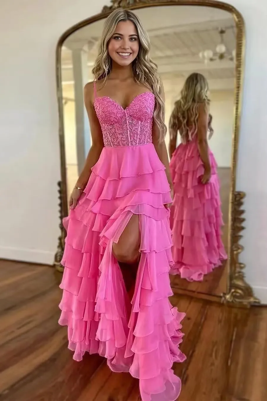 Chiffon Tiered Prom Dresses Ruffle Long Spaghetti Strap Lace Applique Formal Party Ball Gown with Slit