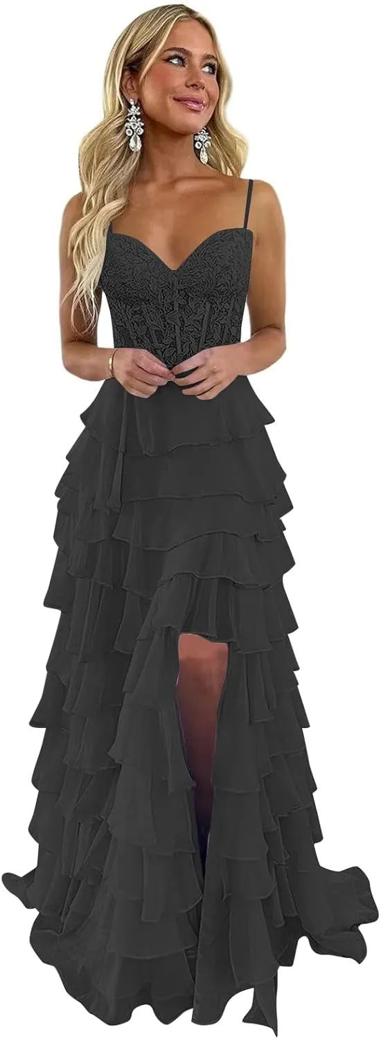 Chiffon Tiered Prom Dresses Ruffle Long Spaghetti Strap Lace Applique Formal Party Ball Gown with Slit