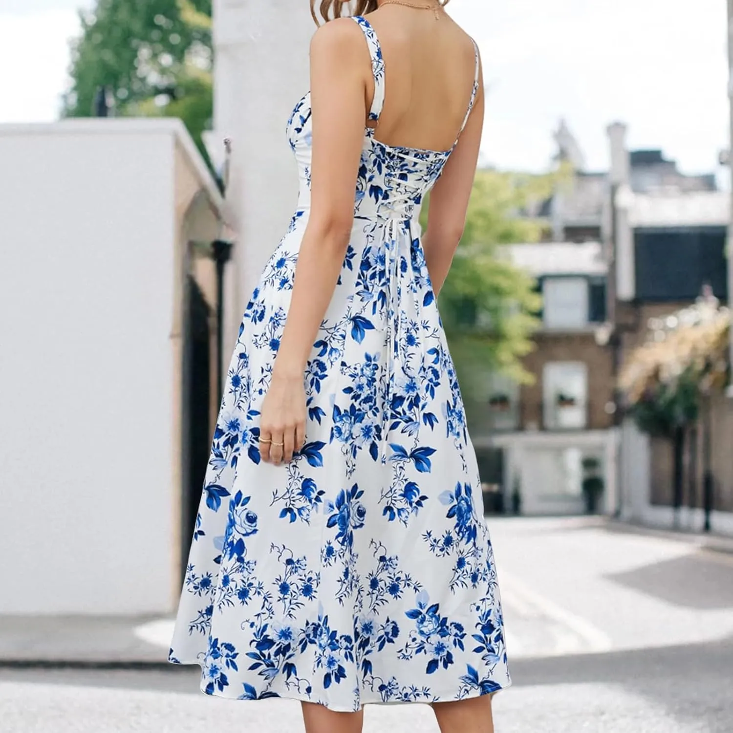 Corset Dress for Women Summer Sexy Backless Spaghetti Straps Square Neck Casual Midi Dress Flowy A-Line Beach Sundress