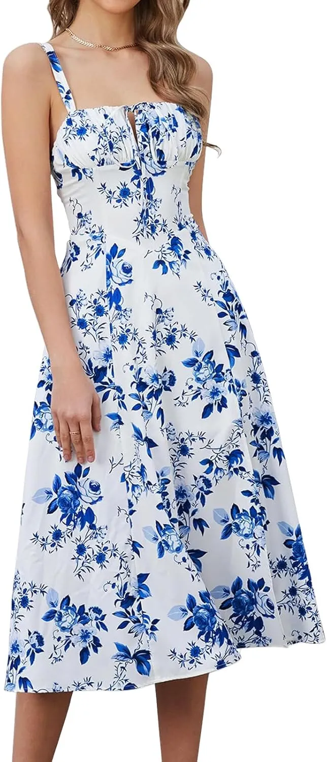 Corset Dress for Women Summer Sexy Backless Spaghetti Straps Square Neck Casual Midi Dress Flowy A-Line Beach Sundress