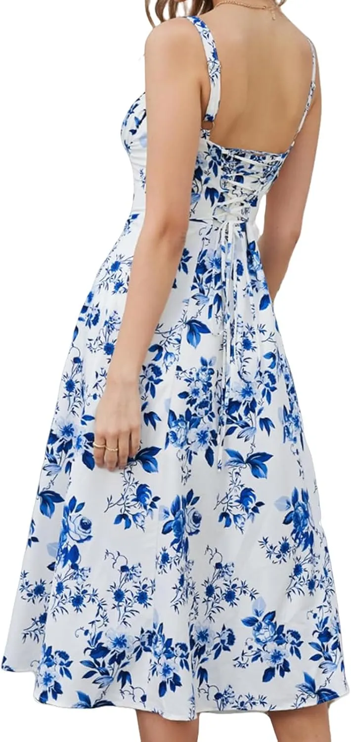 Corset Dress for Women Summer Sexy Backless Spaghetti Straps Square Neck Casual Midi Dress Flowy A-Line Beach Sundress