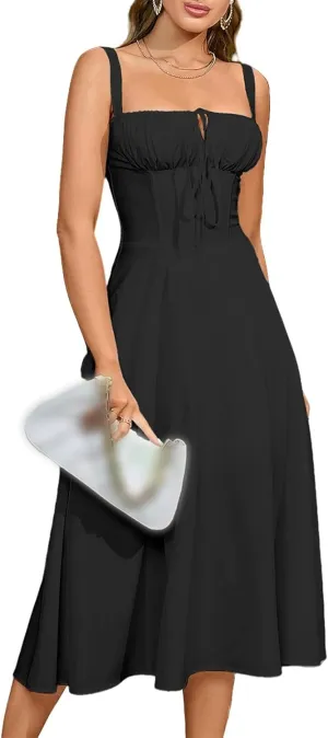 Corset Dress for Women Summer Sexy Backless Spaghetti Straps Square Neck Casual Midi Dress Flowy A-Line Beach Sundress