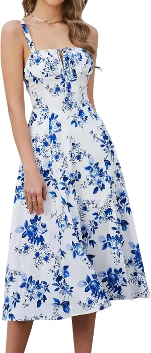 Corset Dress for Women Summer Sexy Backless Spaghetti Straps Square Neck Casual Midi Dress Flowy A-Line Beach Sundress