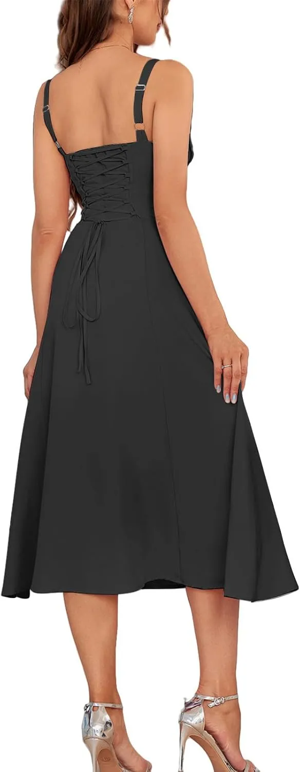 Corset Dress for Women Summer Sexy Backless Spaghetti Straps Square Neck Casual Midi Dress Flowy A-Line Beach Sundress