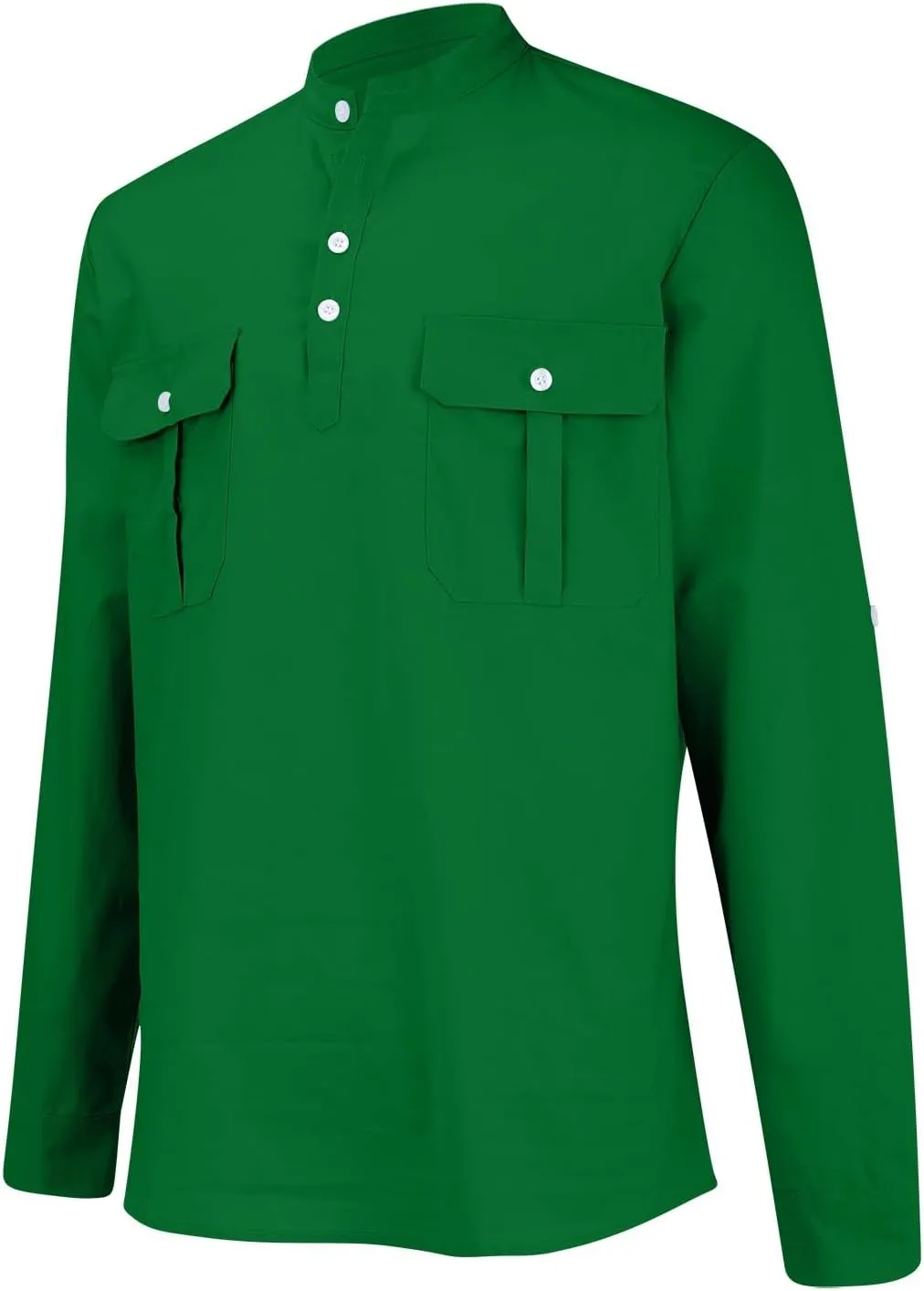 Cotton Linen Cargo Shirts Mens Long Sleeve Buttons V-Neck Henley Overshirt Lightweight Hiking Camping Fishing Shirts