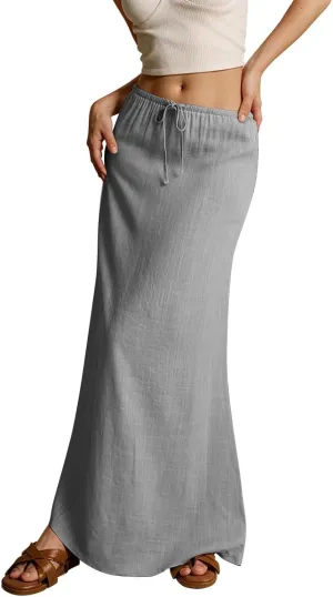 Cotton Linen Maxi Skirts for Women Summer Casual Drawstring Waist A Line Skirts Boho Long Flowy Skirt