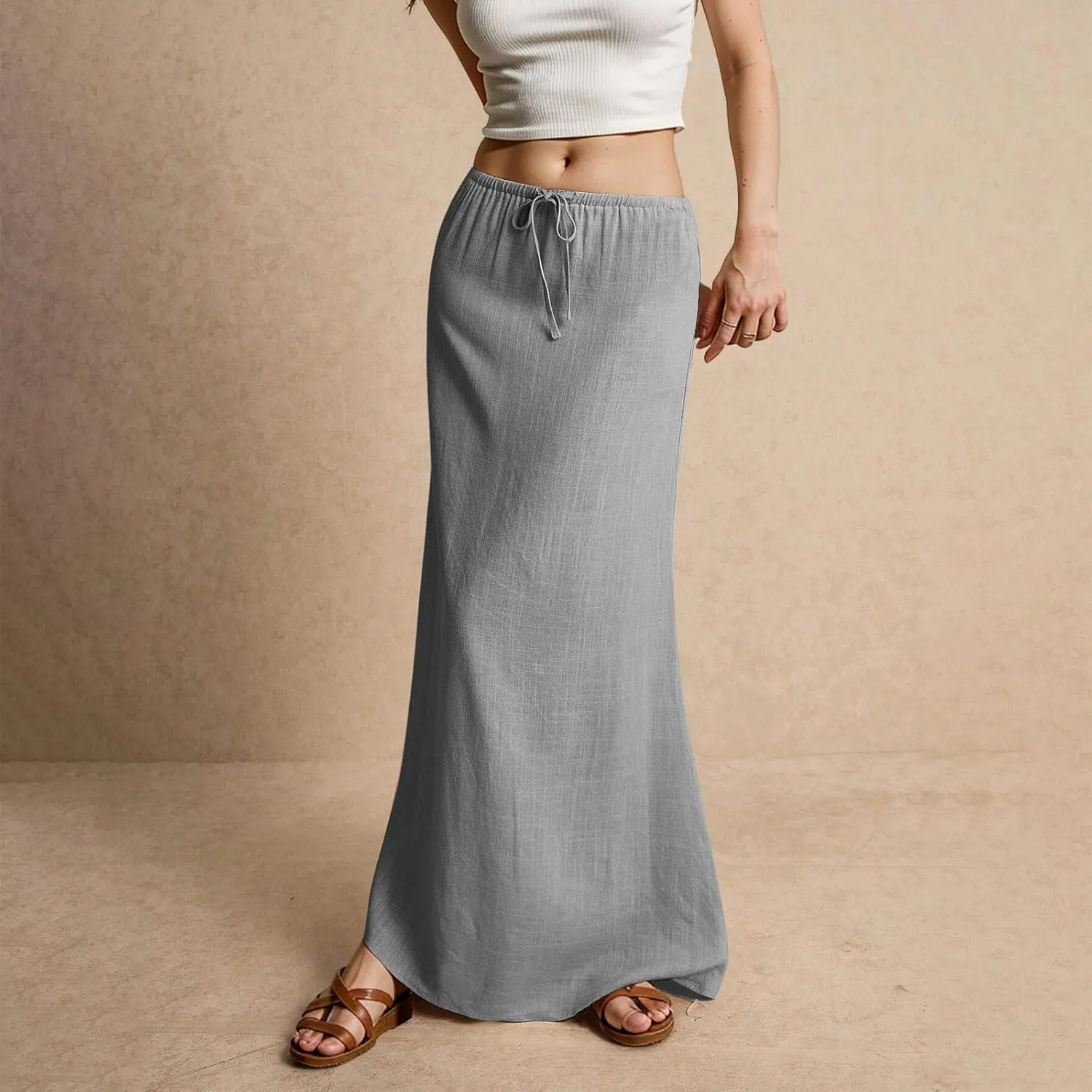 Cotton Linen Maxi Skirts for Women Summer Casual Drawstring Waist A Line Skirts Boho Long Flowy Skirt
