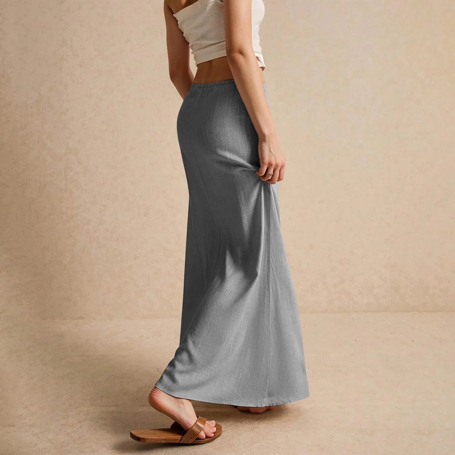 Cotton Linen Maxi Skirts for Women Summer Casual Drawstring Waist A Line Skirts Boho Long Flowy Skirt
