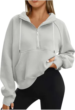 Cropped Half Zip Hoodies For Women Fleece Pullover Sweatshirts Long Sleeve Cute Lightweight Tops With Pockets