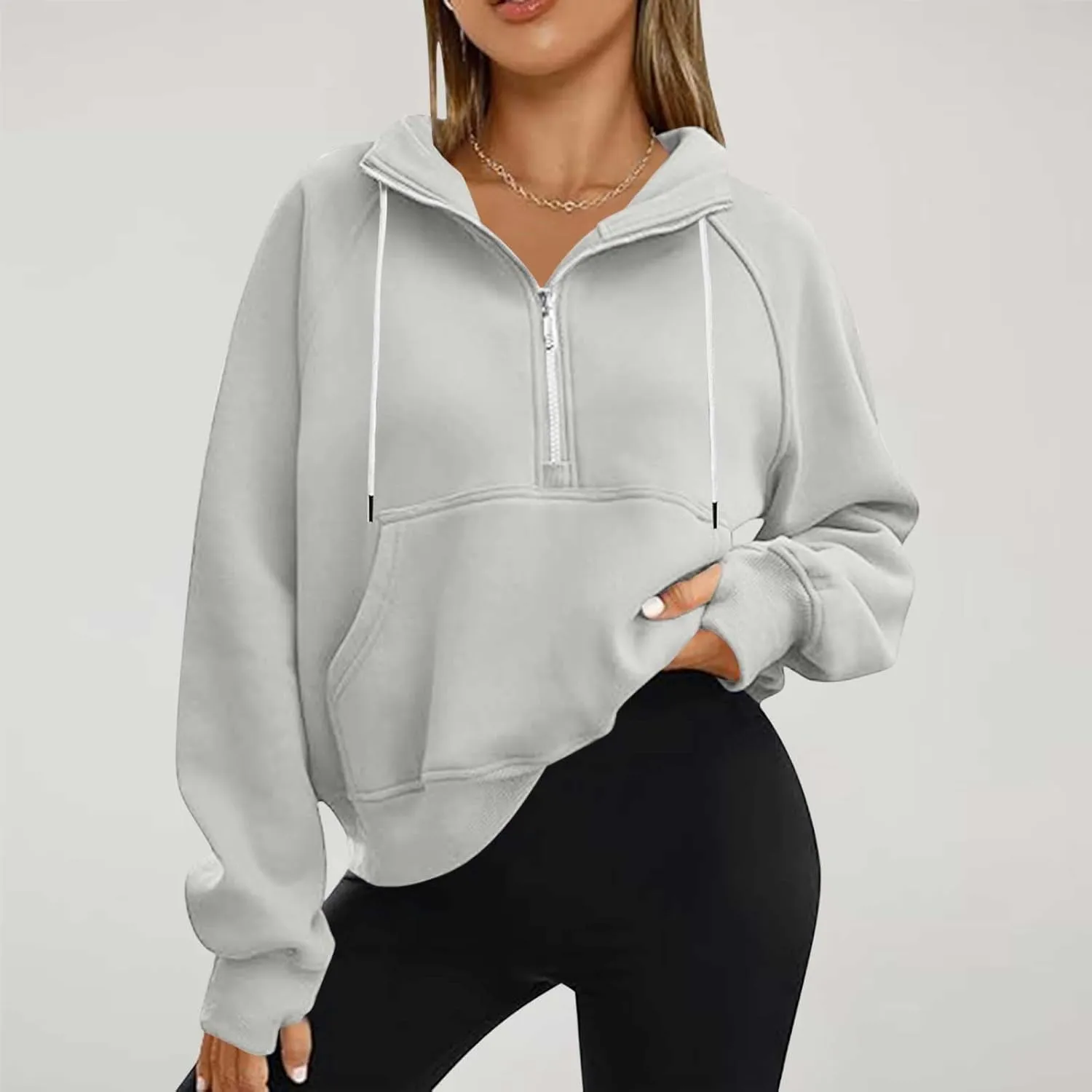 Cropped Half Zip Hoodies For Women Fleece Pullover Sweatshirts Long Sleeve Cute Lightweight Tops With Pockets