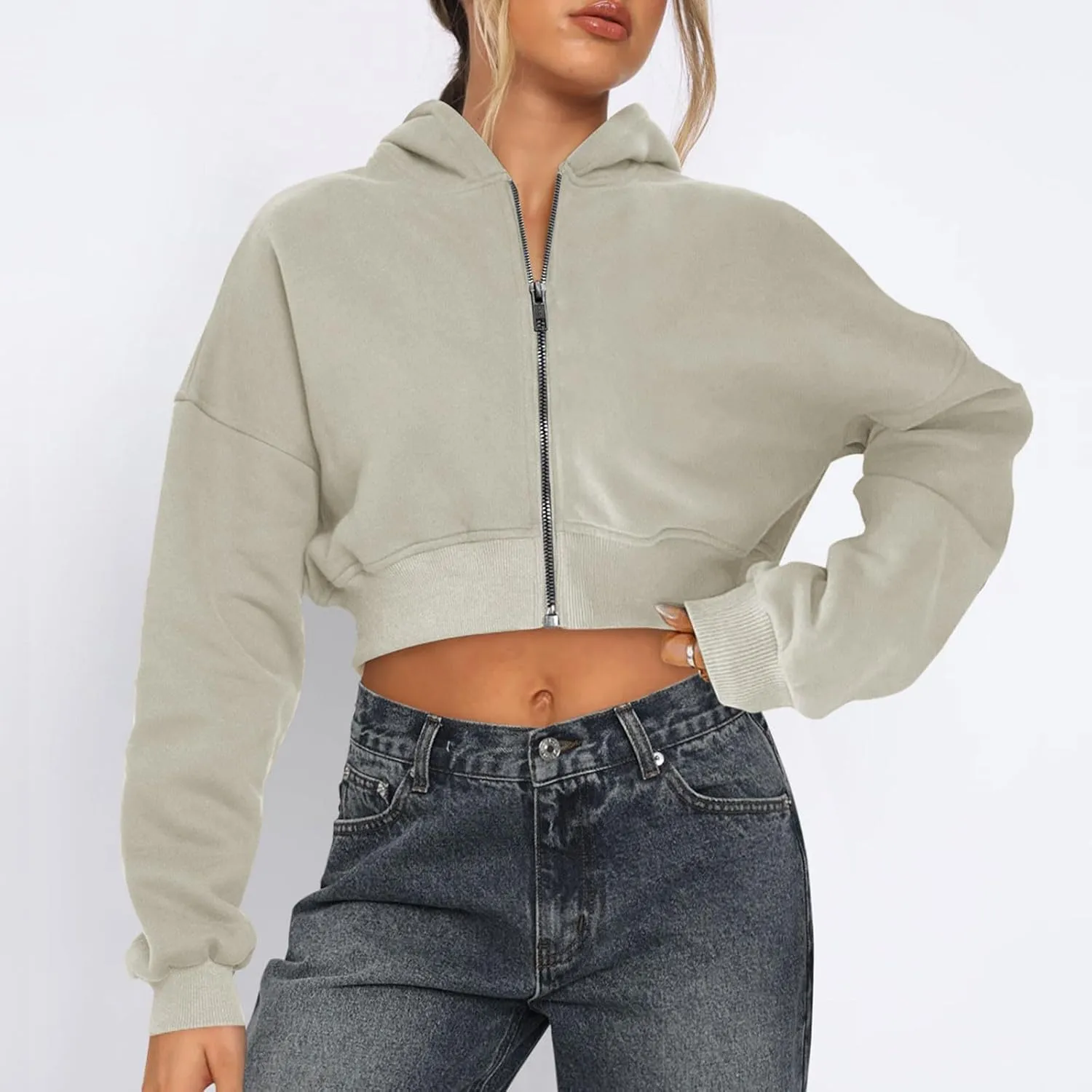 Cropped Hoodie Women Zip Up Long Sleeve Solid Lightweight Thin Sweatshirts Fall Casual Fleece Cute Hoodies Tops