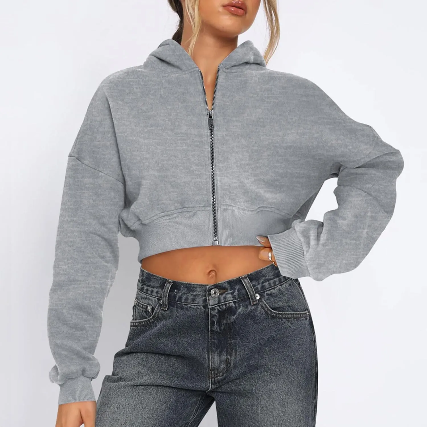 Cropped Hoodie Women Zip Up Long Sleeve Solid Lightweight Thin Sweatshirts Fall Casual Fleece Cute Hoodies Tops
