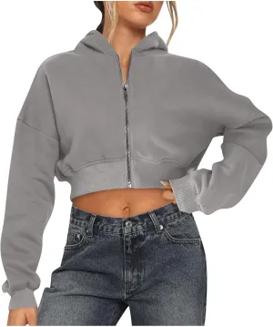 Cropped Hoodie Women Zip Up Long Sleeve Solid Lightweight Thin Sweatshirts Fall Casual Fleece Cute Hoodies Tops
