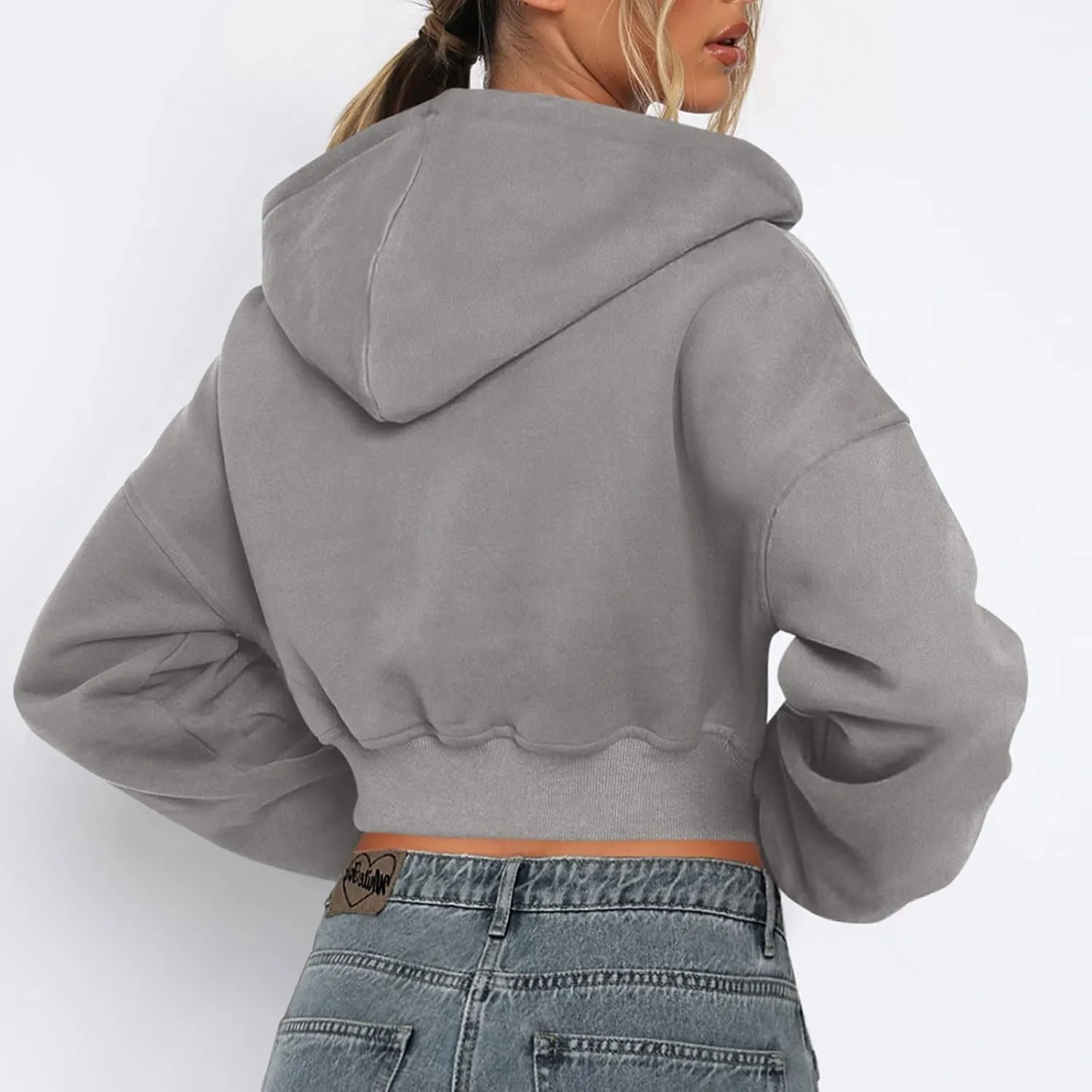 Cropped Hoodie Women Zip Up Long Sleeve Solid Lightweight Thin Sweatshirts Fall Casual Fleece Cute Hoodies Tops
