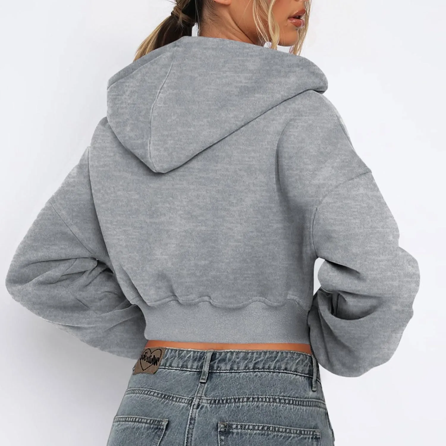 Cropped Hoodie Women Zip Up Long Sleeve Solid Lightweight Thin Sweatshirts Fall Casual Fleece Cute Hoodies Tops