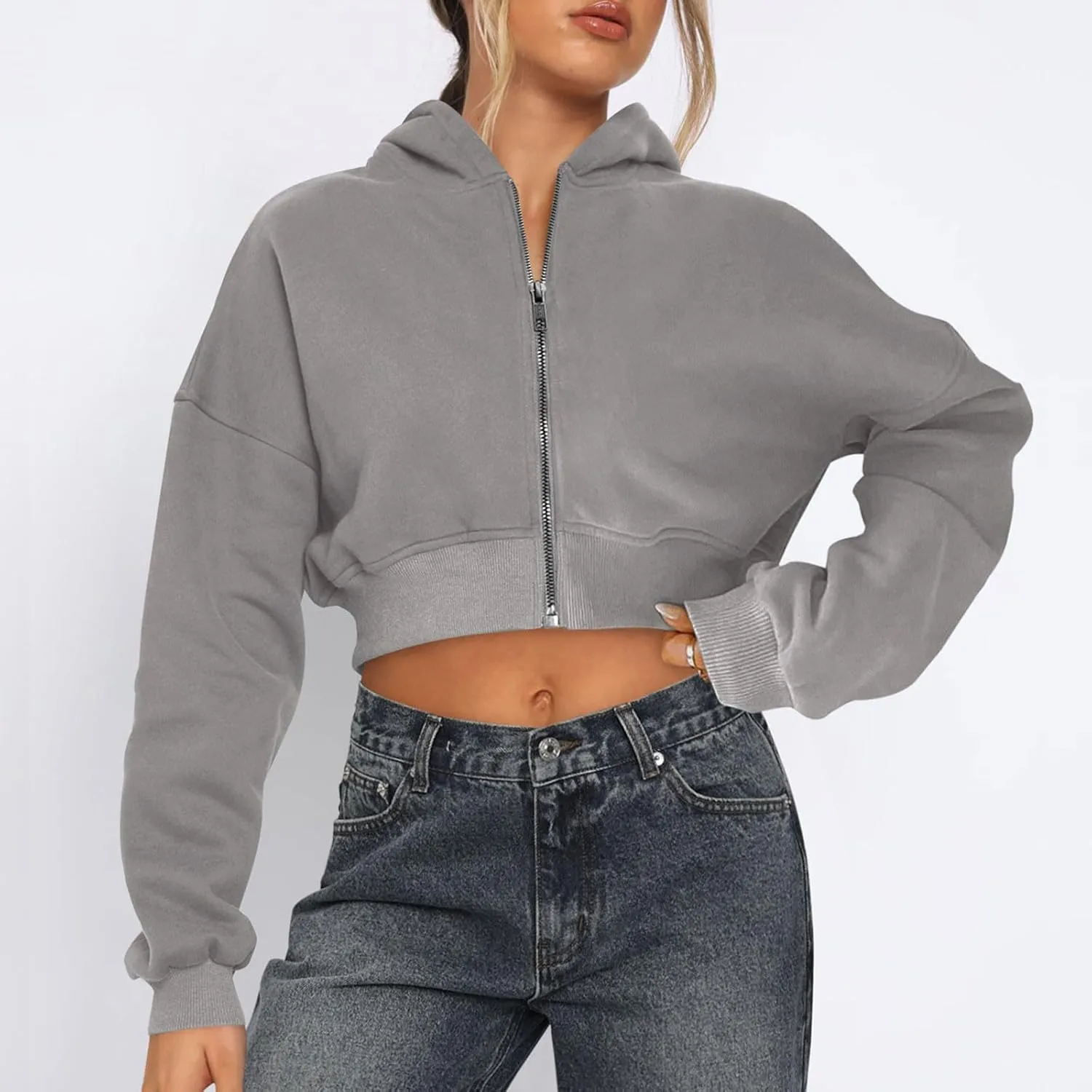 Cropped Hoodie Women Zip Up Long Sleeve Solid Lightweight Thin Sweatshirts Fall Casual Fleece Cute Hoodies Tops