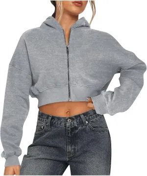 Cropped Hoodie Women Zip Up Long Sleeve Solid Lightweight Thin Sweatshirts Fall Casual Fleece Cute Hoodies Tops