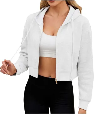 Cropped Hoodies for Women Zip Up Drawstring Hooded Short Sweatshirts Teen Girls Y2K Fashion Track Jackets