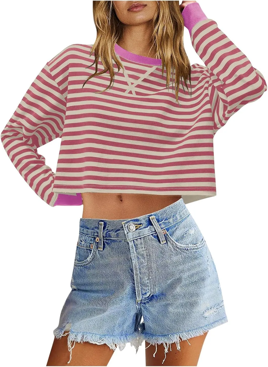 Cropped Long Sleeve Crew Neck Sweatshirt For Women 2024 Fall Fashion Striped Pullover Tops Y2K Clothes