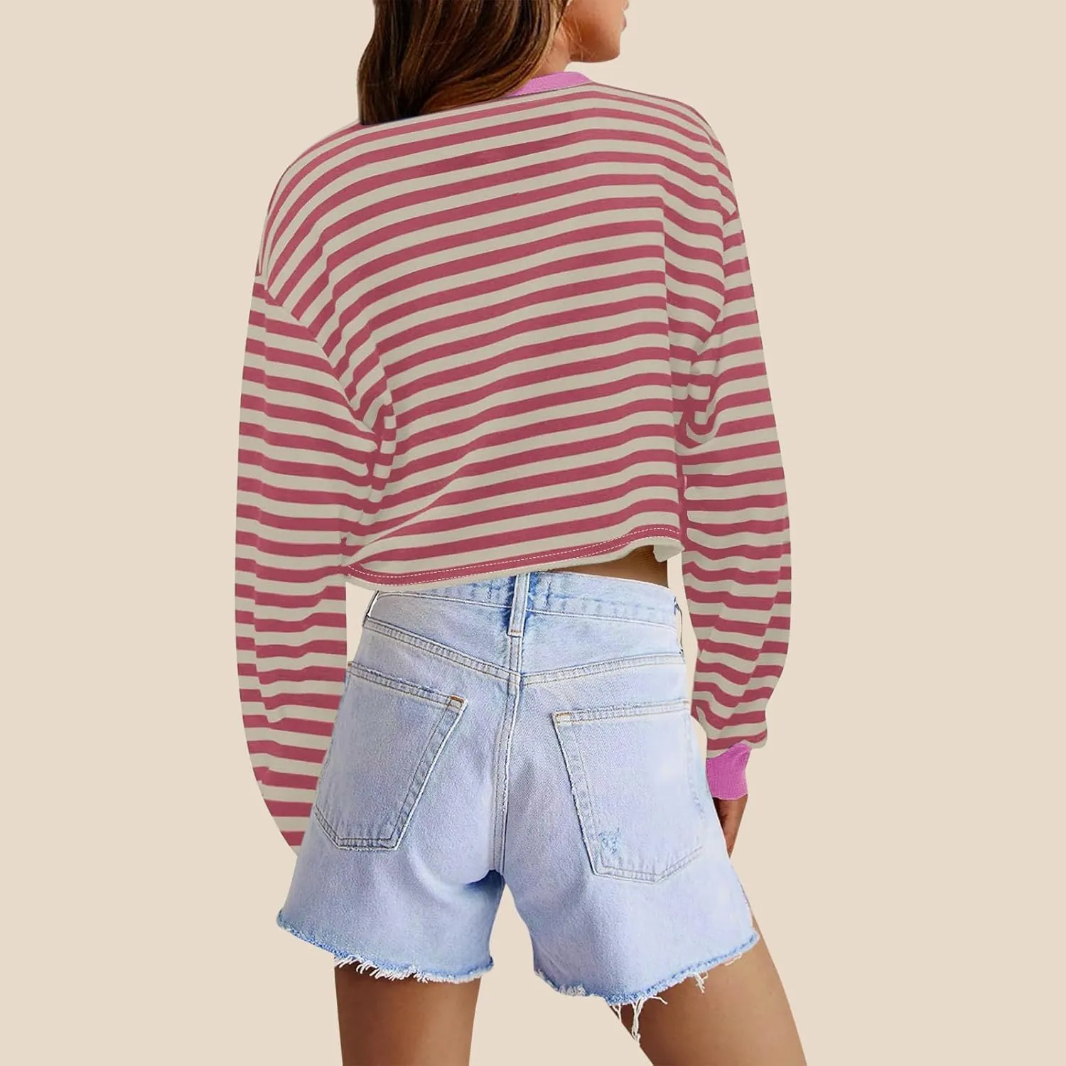 Cropped Long Sleeve Crew Neck Sweatshirt For Women 2024 Fall Fashion Striped Pullover Tops Y2K Clothes