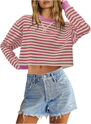 Cropped Long Sleeve Crew Neck Sweatshirt For Women 2024 Fall Fashion Striped Pullover Tops Y2K Clothes