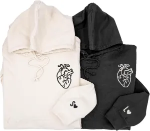 Custom Embroidered Anatomical Heart Couple Hoodies Sweatshirt With Initial Heart on Sleeve, Matching Couple Hoodies, Boyfriend Girlfriend Gifts, For Couple, Couple Gifts