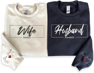 Custom Embroidered Wife and Husband Sweatshirt Hoodie, Custom Name for Couple, Embroidered Custom Name On Sleeve With Initial Hearts, Gifts for Him Her, Matching Couples Hoodies