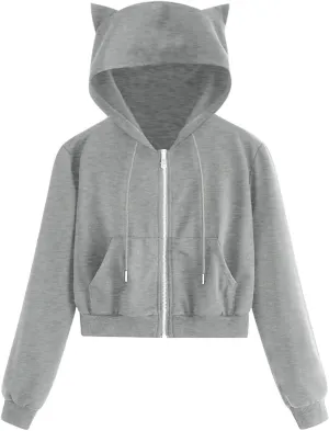 Cute Cat Ear Zip Up Hoodies for Women Teen Girls Y2K Long Sleeve Drawstring Hooded Sweatshirt Jackets with Pockets