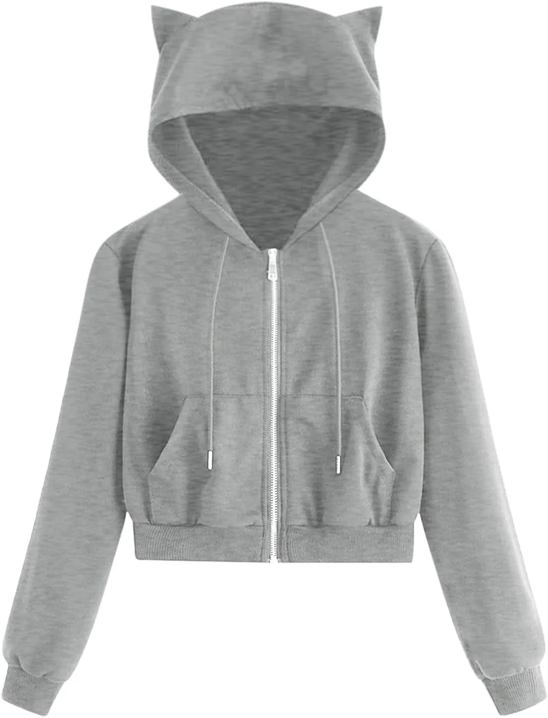 Cute Cat Ear Zip Up Hoodies for Women Teen Girls Y2K Long Sleeve Drawstring Hooded Sweatshirt Jackets with Pockets