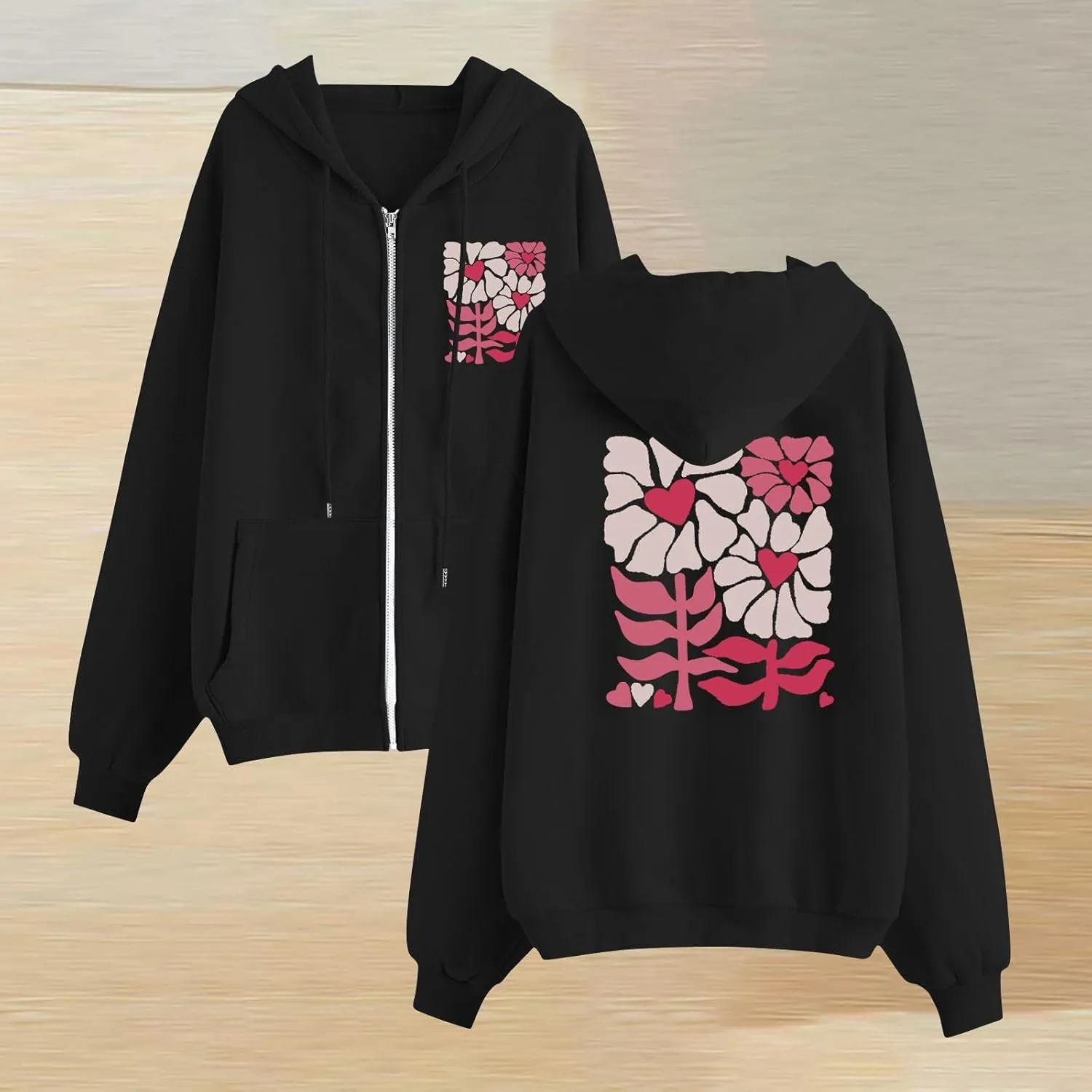Cute Floral Print Zip Up Hoodies for Women Winter Lightweight Oversized Jackets Long Sleeve Fleece Hooded Sweatshirt