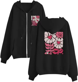 Cute Floral Print Zip Up Hoodies for Women Winter Lightweight Oversized Jackets Long Sleeve Fleece Hooded Sweatshirt