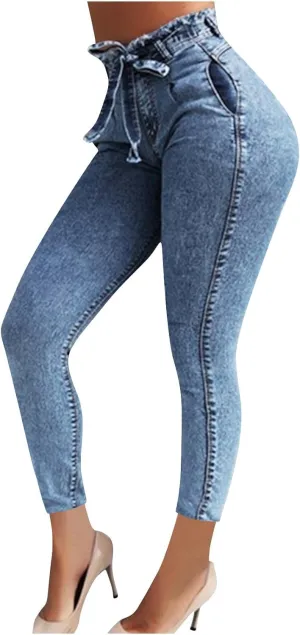 DDAPJ pyju Jeans for Women Belted High Waisted Business Casual Pants Plus Size Skinny Jeans Fashion Trousers with Pockets