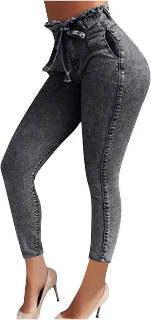 DDAPJ pyju Jeans for Women Belted High Waisted Business Casual Pants Plus Size Skinny Jeans Fashion Trousers with Pockets