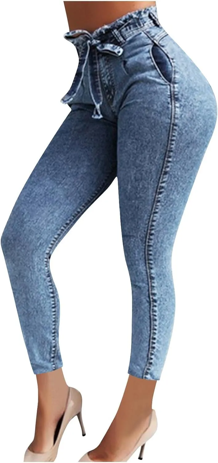 DDAPJ pyju Jeans for Women Belted High Waisted Business Casual Pants Plus Size Skinny Jeans Fashion Trousers with Pockets