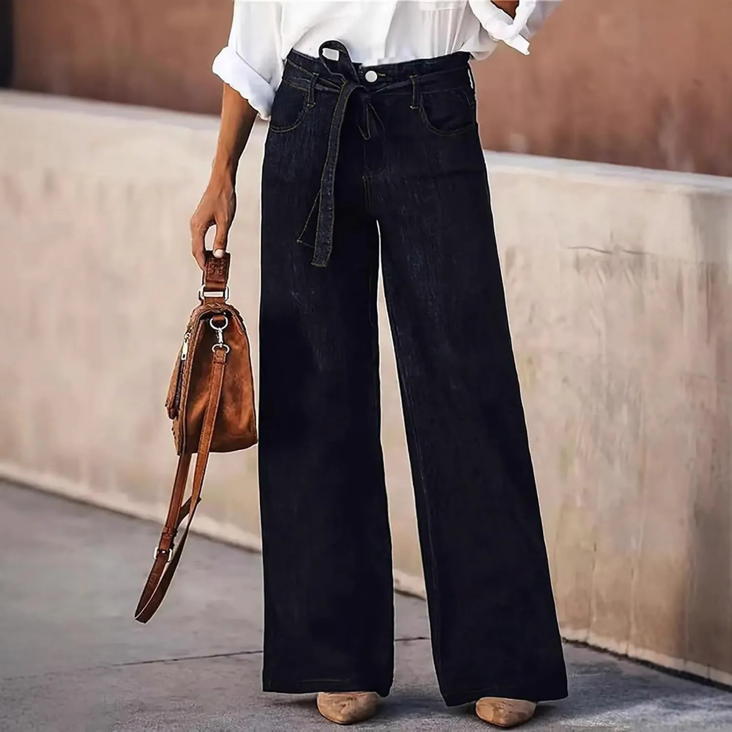 DDAPJ pyju Women's Wide Leg Jeans Flare Pants Low Waist Bootcut Jeans Stretch Casual High Waisted Denim Pants with Pockets