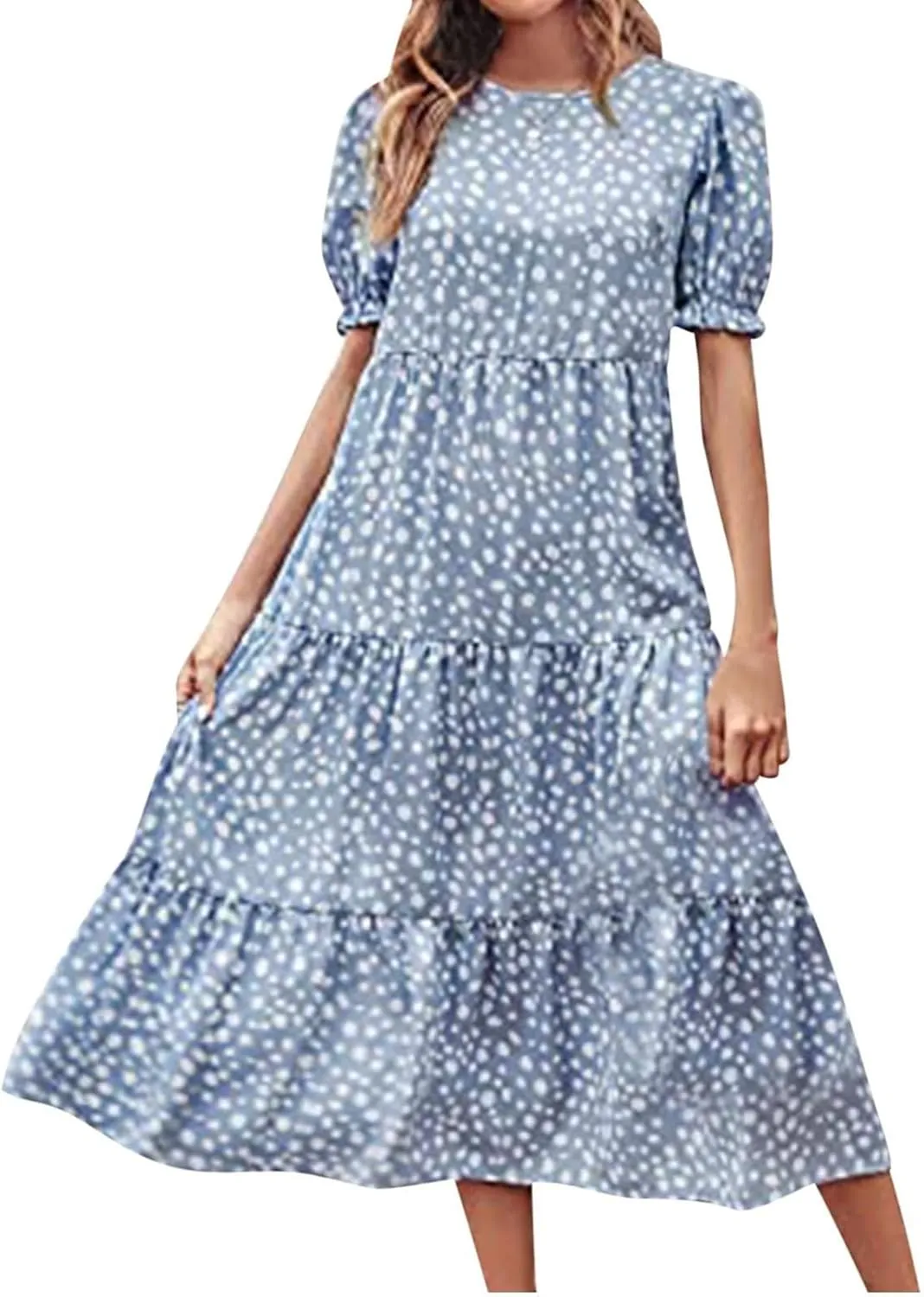 Dresses for Women Summer Puff Sleeve Crew Neck Maxi Dress Tiered Ruffle Sundress Elegant Going Out Dresses 2025