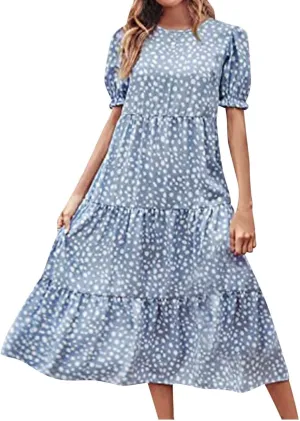 Dresses for Women Summer Puff Sleeve Crew Neck Maxi Dress Tiered Ruffle Sundress Elegant Going Out Dresses 2025