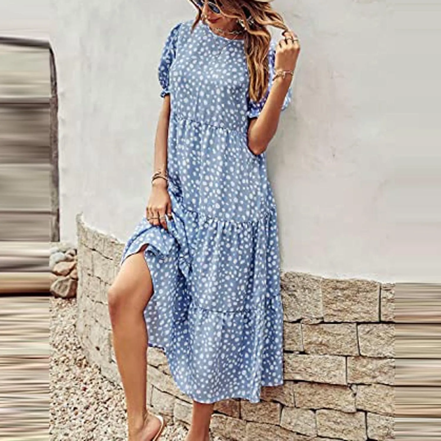 Dresses for Women Summer Puff Sleeve Crew Neck Maxi Dress Tiered Ruffle Sundress Elegant Going Out Dresses 2025