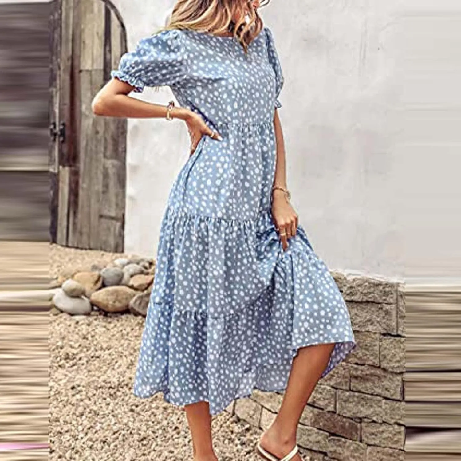 Dresses for Women Summer Puff Sleeve Crew Neck Maxi Dress Tiered Ruffle Sundress Elegant Going Out Dresses 2025